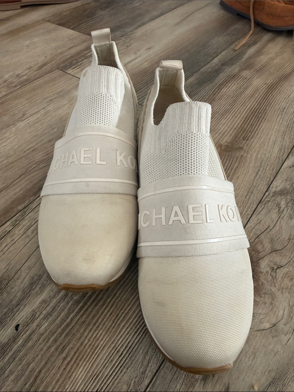 Michael Kors Off-White Knit Slip-On Sneakers with Logo Strap